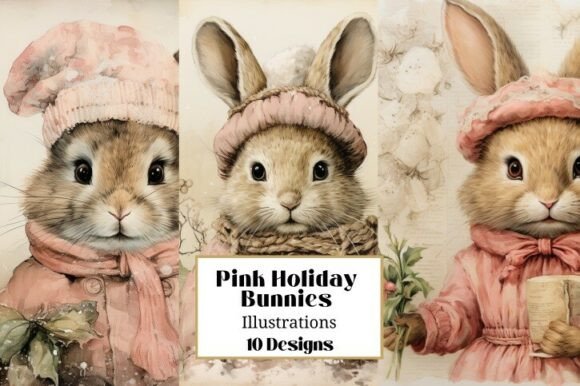 10 Pink Holiday Christmas Bunnies: Illustrations
