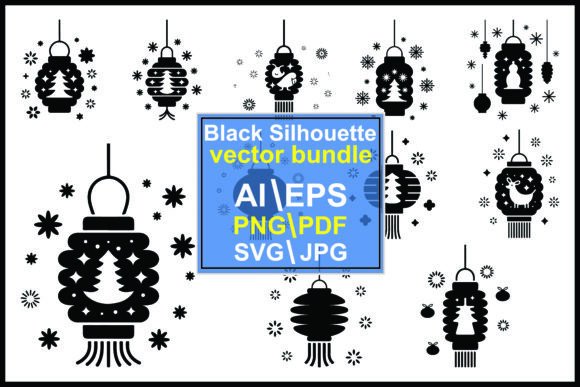 Black Christmas Lanterns and Snowflakes Illustrations