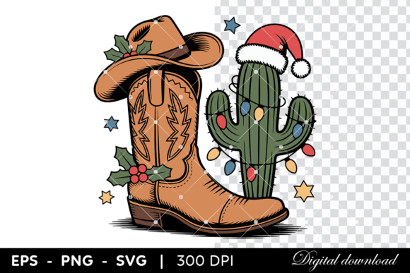 Cowboy Boot and Christmas Cactus Illustrations