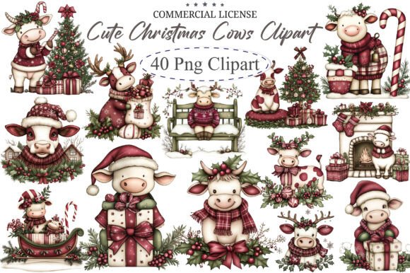 Cute Christmas Cows Clipart: Festive Illustrations for Branding