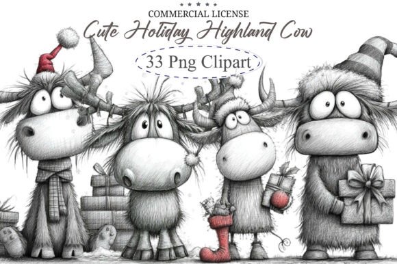 Cute Holiday Highland Cow Christmas Illustrations