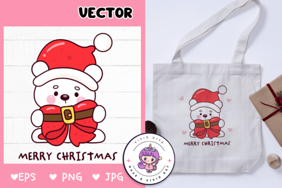 Cute Polar Bear Holding Bow Christmas Illustrations