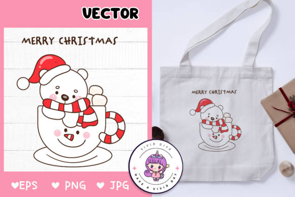 Cute Polar Bear in Coffee Mug Christmas Illustrations