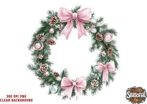 Dusty Pink Ribbon Christmas Wreath PNG for Illustrations