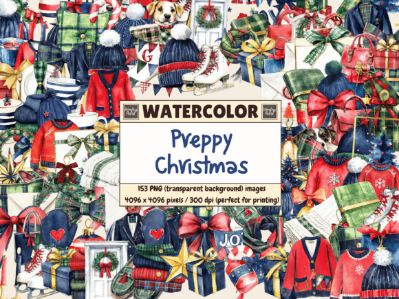 Preppy Christmas Watercolor Clipart & Illustrations