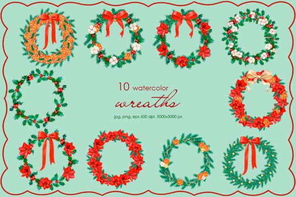 Scarlet Christmas Botanicals Wreaths Illustrations