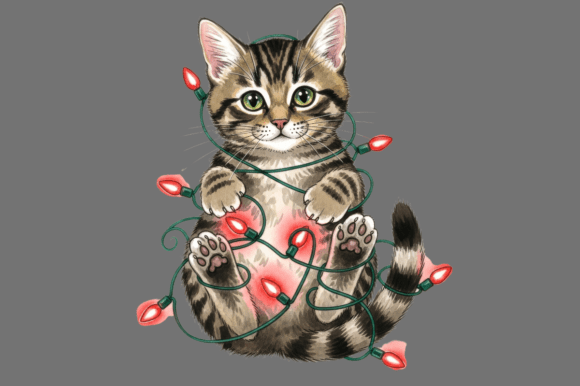 Tabby Kitten Tangled in Red Christmas Illustrations